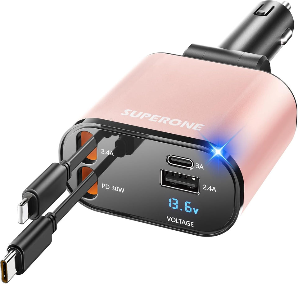 ‹ېUpgraded‹ÛÔ SUPERONE Retractable Car Charger 4 in 1, Fast Car Phone Charger with Cord 2.6ft, USB C and Apple Car Adapter, Compatible with iPhone 17 16 15/15 Pro Max/14/13/12/11, Galaxy, Pixel - Zynora