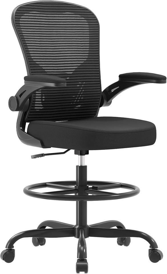 Ergonomic Drafting Chair, Tall Office Chair with Flip-up Armrests, Breathable Mesh High Desk Chair with Lumbar Support Adjustable Footrest Ring for Standing Desk Black