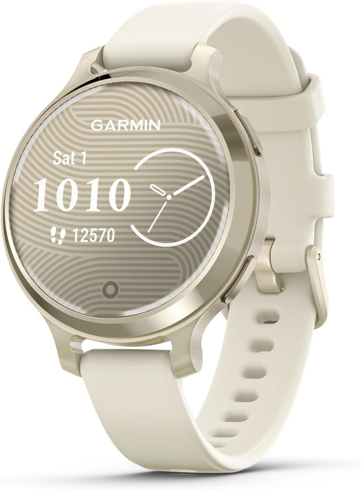Garmin Lily® 2 Active, Small and Stylish Smartwatch, Built-in GPS, Hidden Display, Patterned Lens, Up to 9 Days Battery Life, Lunar Gold with Bone Silicone Band