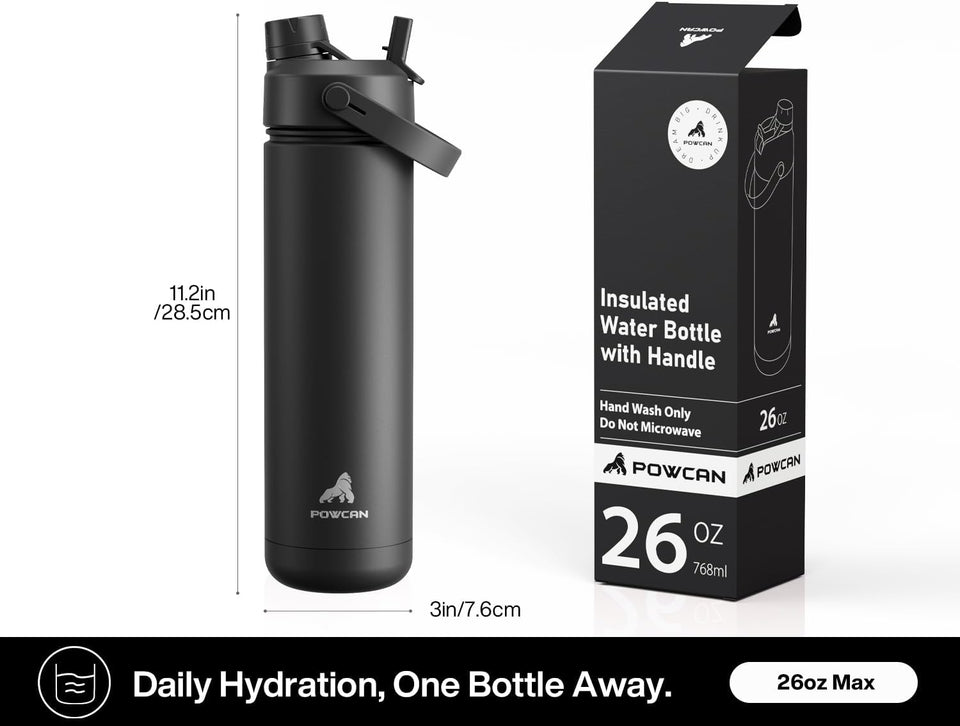 POWCAN 26 oz Insulated Water Bottle with 2-in-1 Straw and Spout Lid, Keep Cold 24H, Leak-Proof, Fits in Car Cup Holder, Stainless Steel Water Bottle for Sports, Travel, and School (Dark Knight)