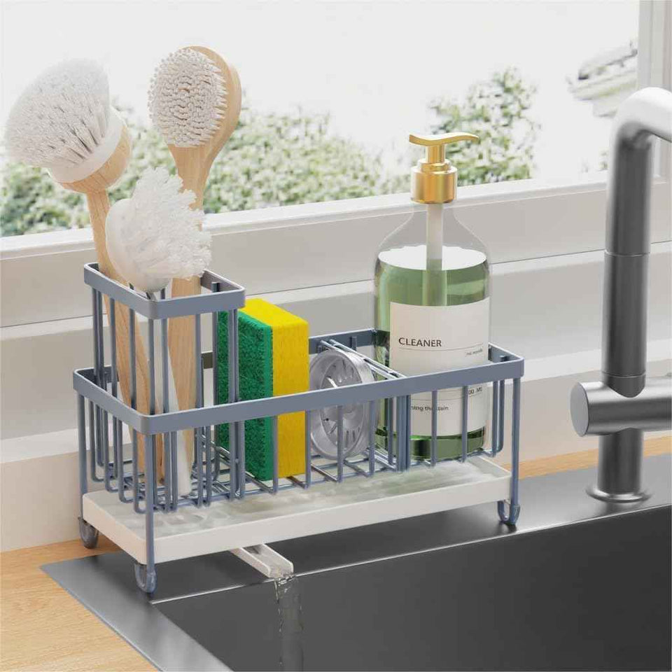 Cisily Silver Sponge Holder for Kitchen Sink, Sink Caddy Organizer with High Brush Holder, Kitchen Countertop Organizers and Storage Essentials, Rustproof 304 Stainless Steel, Soap Dispenser Organize