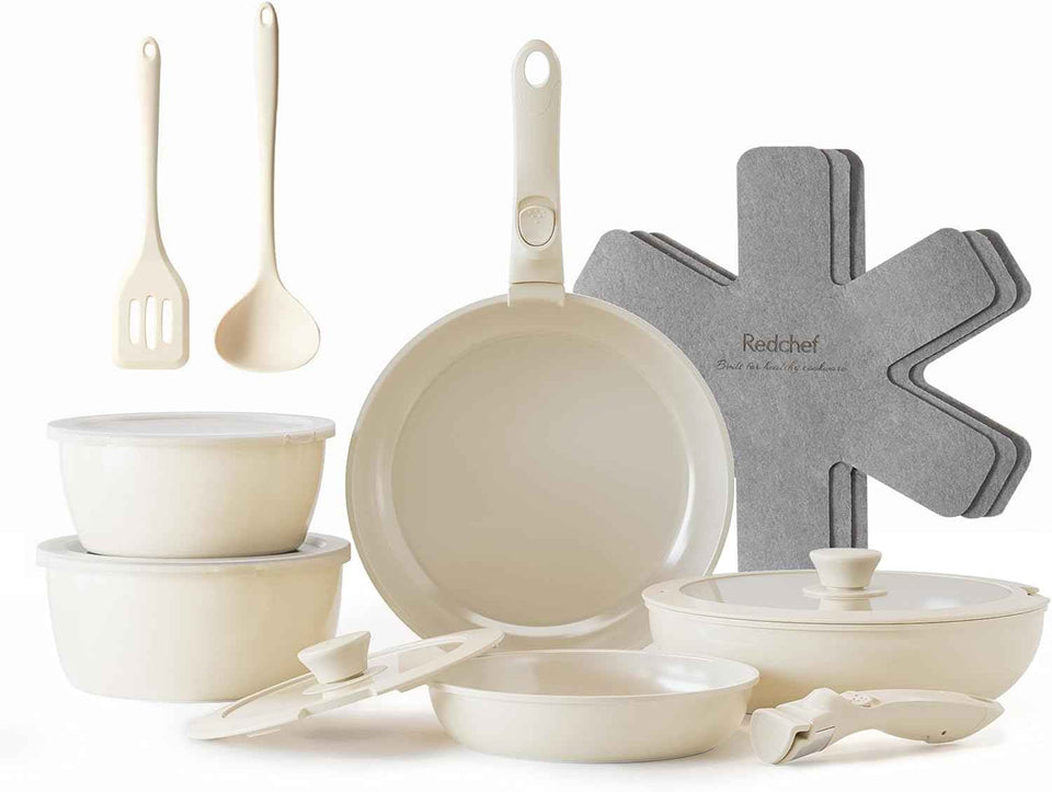 Redchef Ceramic Pots and Pans Set, Nonstick Kitchen Cookware Set with Detachable Handle, Non Toxic Cookware Set 16pcs, PFAS PFOA & PTFE Free, RV Ceramic Cookware for Camping, Dishwasher/Oven Safe