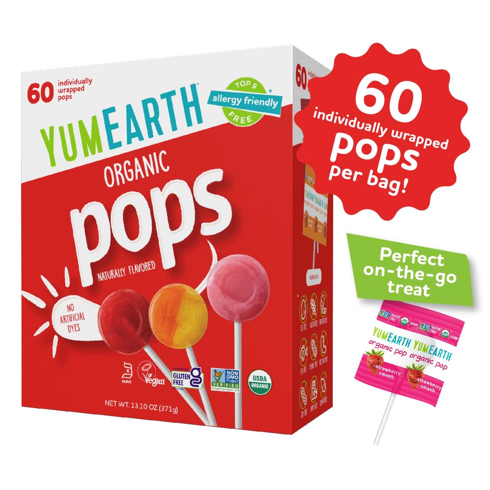 YumEarth Organic Pops Variety Pack, 60 Fruit Flavored Favorites Lollipops, Allergy Friendly, Gluten Free, Non-GMO, Vegan, No Artificial Dyes
