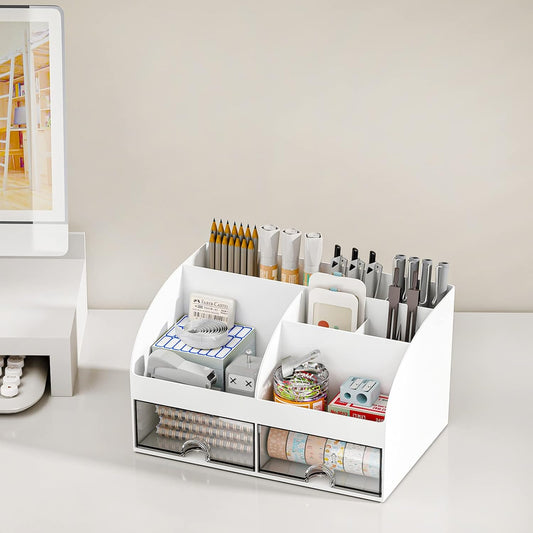 Desk Organizer with 6 Compartments and 2 Drawers, Plastic Makeup Organizer, Pen Holder for Desktop Storage, Desk Organization for School, Home, Office Supplies (White)