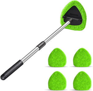 Windshield cleaning tool with 4 washable microfiber pads, extendable long handle, and reusable cleaner kit for auto, office, and home in green