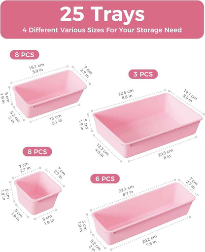 4-Sizes plastic drawer organizers set for vanity makeup desk and bathroom storage, 25 PCS