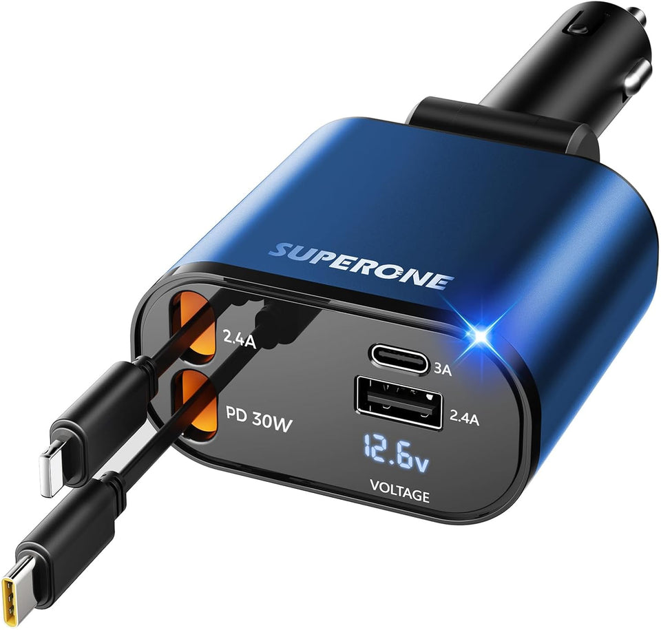 ‹ېUpgraded‹ÛÔ SUPERONE Retractable Car Charger 4 in 1, Fast Car Phone Charger with Cord 2.6ft, USB C and Apple Car Adapter, Compatible with iPhone 17 16 15/15 Pro Max/14/13/12/11, Galaxy, Pixel - Zynora