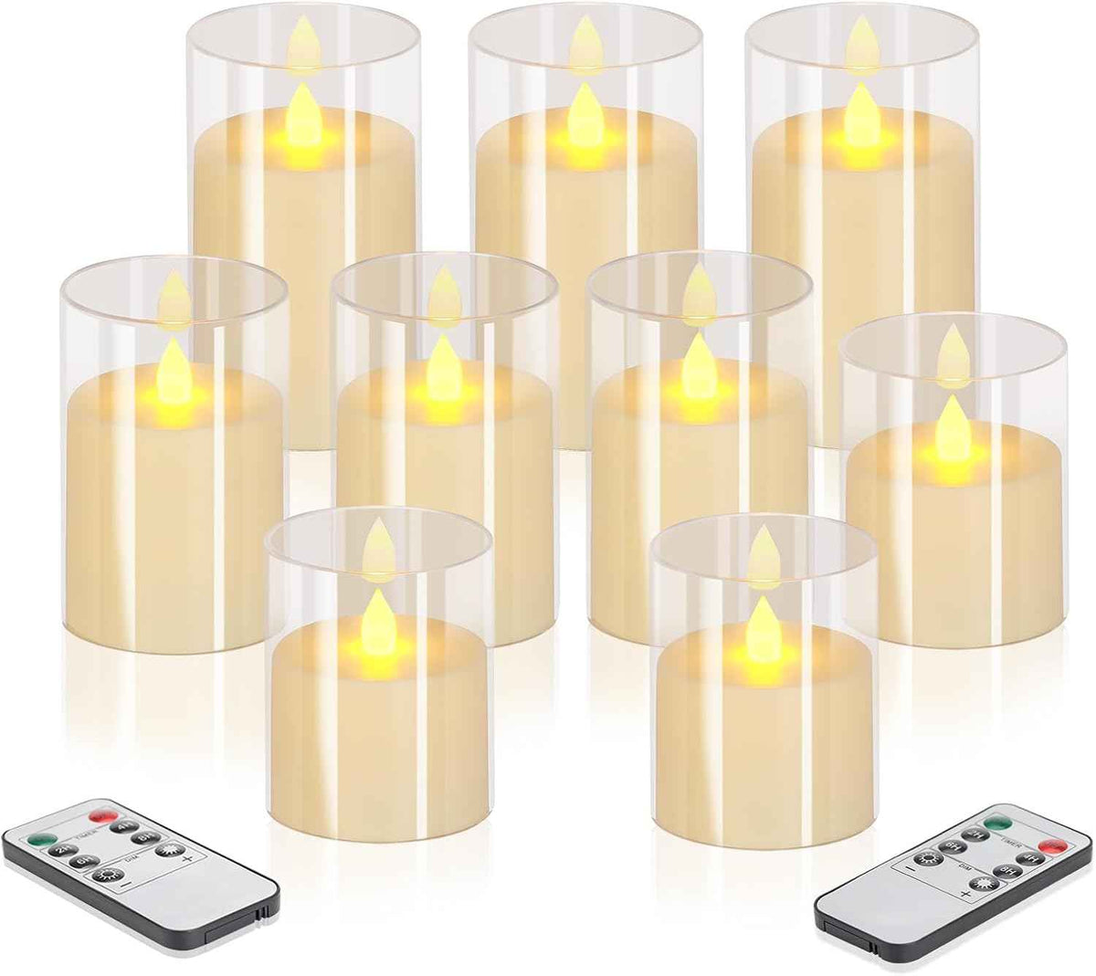 Flameless Candles 4" 5" 6" Set of 3 Acrylic Glass Pillars 3" Diameter Battery Operated Flickering Candles Include 10-Key Remote with Timer Function 400+ Hours (Gray, Warm Light 3 Pack)