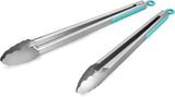 304 Stainless Steel Kitchen Cooking Tongs, 9" and 12" Set of 2 Sturdy Grilling Barbeque Brushed Locking Food Tongs with Ergonomic Grip, Black