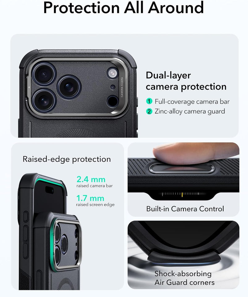 ESR for iPhone 17 Pro Max Case with Stash Stand, 7X Military-Grade Drop Protection with Camera Control, Shock-Absorbing Phone Rugged Cover, Compatible with MagSafe Accessories, Cyber Series, Black