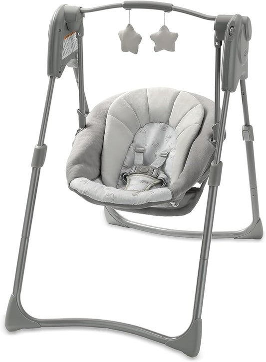 Graco Slim Spaces Compact Baby Swing, Space Saving Portable Bay Swing with Height Adjustable Legs & Soft Toys, Reign