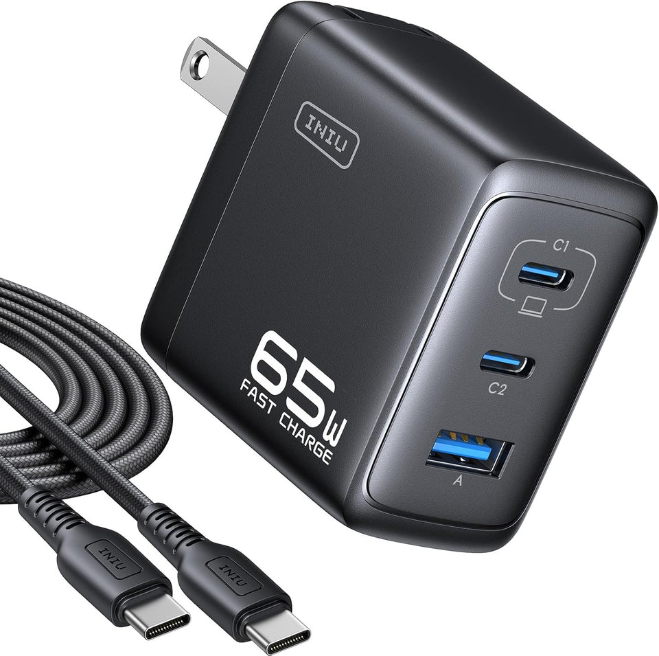 INIU 65W USB C Charger Block, 3-Port GaN Fast Charging Adapter with 100W Cable & Advanced Protection, Foldable Travel Charger for iPhone 17 16 15 Pro Max, iPad, Samsung S26 S25 Ultra, Pixel 10 9 etc