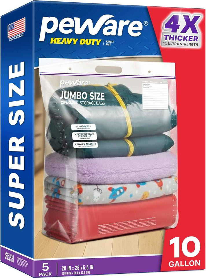 20 Gallon Heavy Duty Jumbo Storage Bags with Handle – 24" x 34" Resealable Zipper Top, Oversized Storage Solution for Clothes, Food, Pillow, Bedding, Household, BPA-Free, Pack of 5, 6 Mil Thick