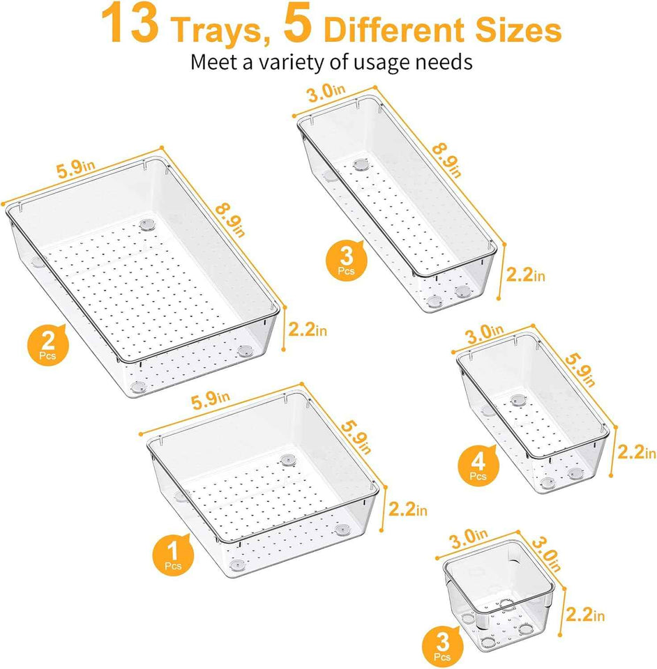 smartake 13-piece clear drawer organizers with non-slip silicone pads, 5-size desk bathroom organizer trays for makeup, jewelries, utensils storage in bedroom dresser, office and kitchen