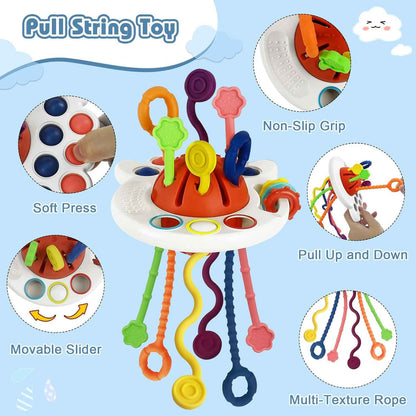 EPOGG 6 in 1 Montessori Toys for Babies 6-12 Months Up - Incl Pull String Toy, Stacking Cups, Tissue Box, Suction Cup Spinner, Stacking Blocks,Activity Cube, Baby Toys for 1 2 3 Year Old