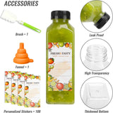 TOMNK 100pcs 16oz Plastic Beverage Containers, Black Caps with Label, Funnel and Brush for Juicing, Smoothies, Tea, Milk