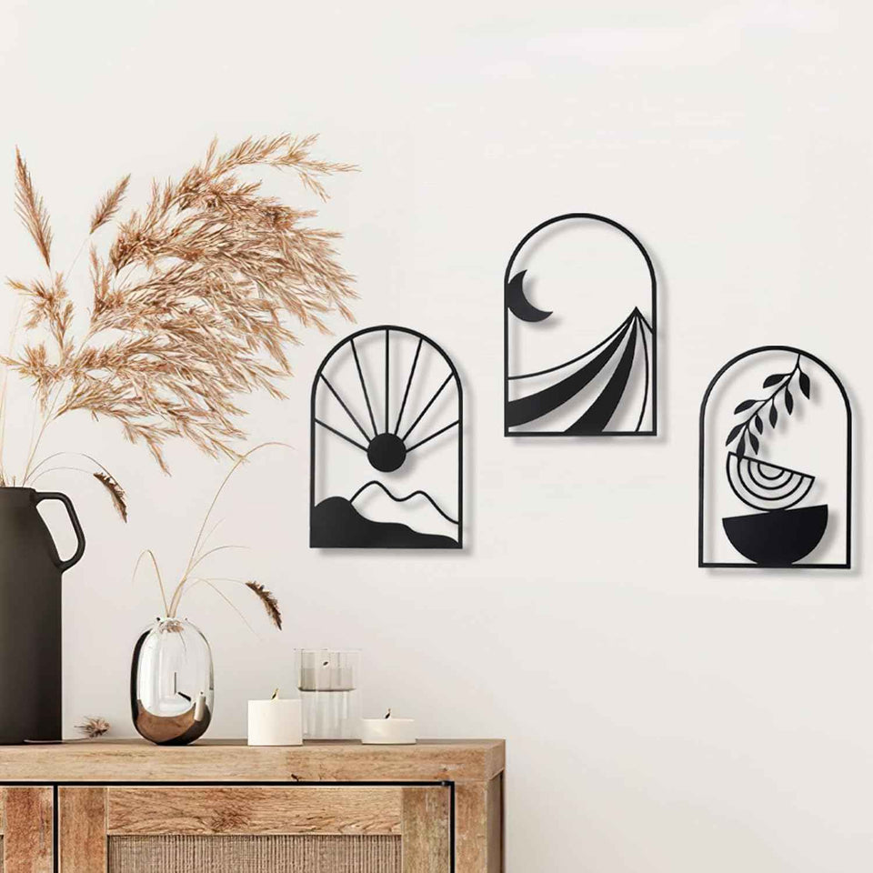 OYEFLY 3PCS Boho Metal Wall Decor, Black Metal Wall Art for Home Decor, Bohemian Style Wall Hanging