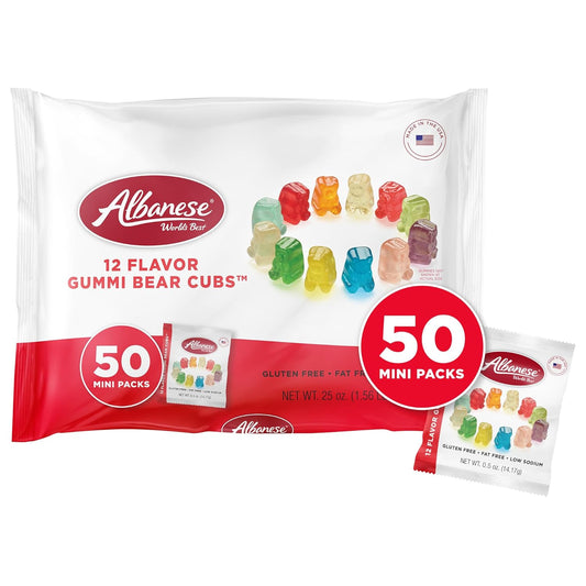 Albanese World's Best 12 Flavor Gummi Bear Cubs | 50-0.5oz Snack Packs of Candy | Miniature, Individually Wrapped, Soft Gummy |Cherry, Blue Raspberry, and More | Perfect for Kid's Classroom Parties