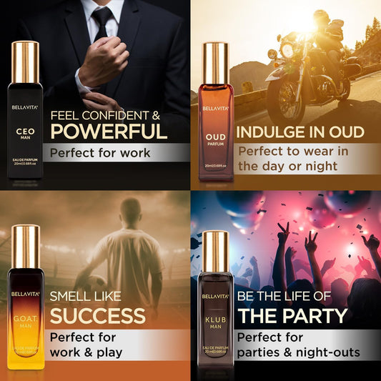 BellaVita Luxury Perfume Gift Set for Men (4 x 20ml) – Perfect Father’s Day Gifts for Dad & Husband | Includes KLUB, OUD, CEO & GOAT | Premium Masculine Woody, Citrusy & Aromatic Fragrances
