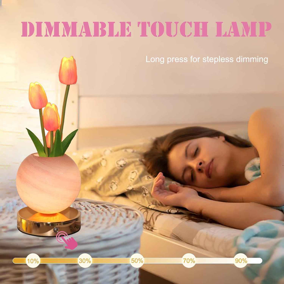 Rechargeable Cordless Touch Tulip Flower Table Lamp, 3-Color Infinitely Dimming Night Light with LED Artificial Tulips Decor (Pink)