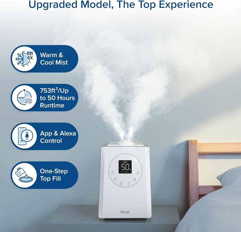 levoit lv600s warm cool mist humidifier for home bedroom large room, 6l coverage, easy top fill, app voice control
