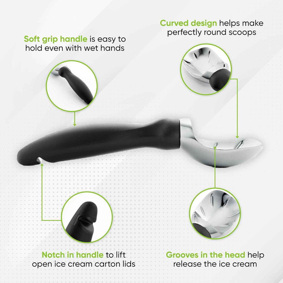 Spring Chef Heavy Duty Ice Cream Scoop with Comfortable Handle - Professional Ice Cream Scooper for Gelato, Sorbet, Cookie Dough, Melon, Frozen Yogurt - Dishwasher Safe Metal Kitchen Tool - Black