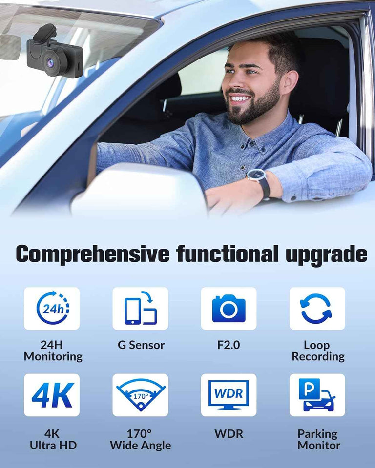 Dash Camera for Cars,4K Full UHD Car Camera Front Rear with 32GB Card,Built-in Super Night Vision,2.0'' IPS Screen,170°Wide Angle,WDR, 24H Parking Mode, Loop Recording.