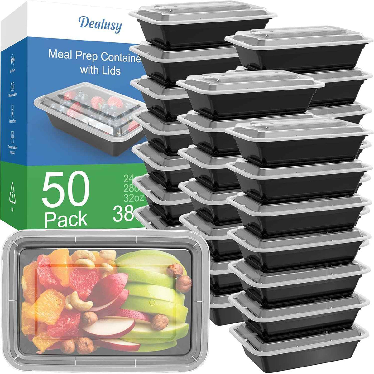 50 Pack (100-Piece) 28 oz Meal Prep Containers Reusable with Lids, Sturdy Leakproof & Food Safe, Microwave, Freezer, Dishwasher Safe Prep Containers, To Go Take Out Plastic Food Storage