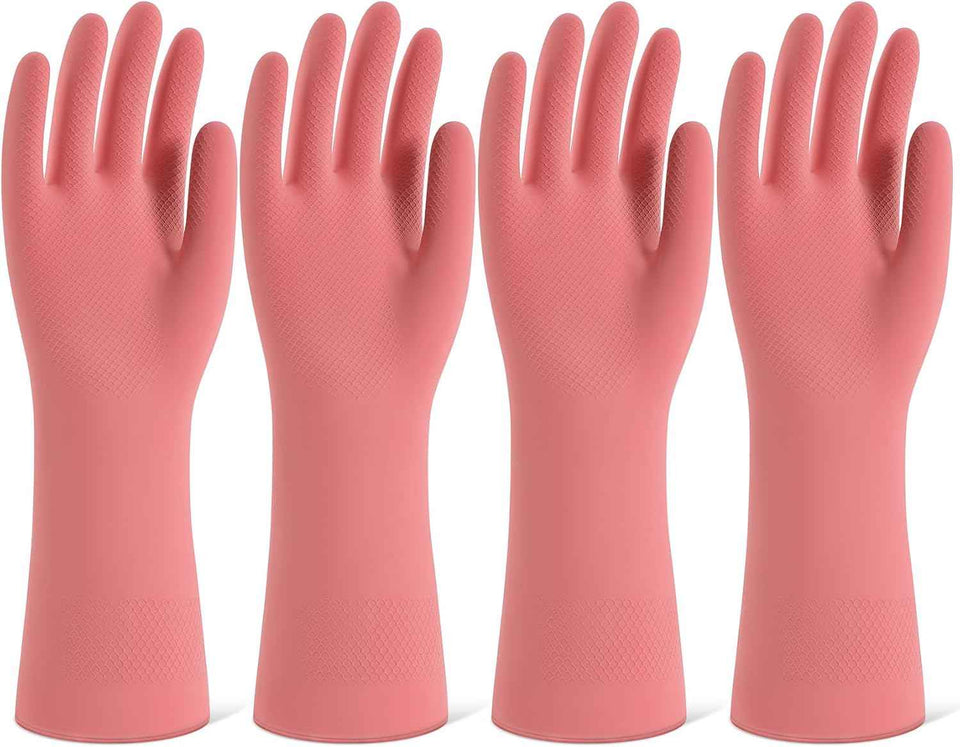 Rubber Cleaning Gloves for Dishwashing, 4 Pairs Reusable Kitchen Gloves for Washing Dishes and Household Cleaning, Colorful Dish Gloves with Flocked Lining and Non-Slip Grip, Pefect for Woman Men - M