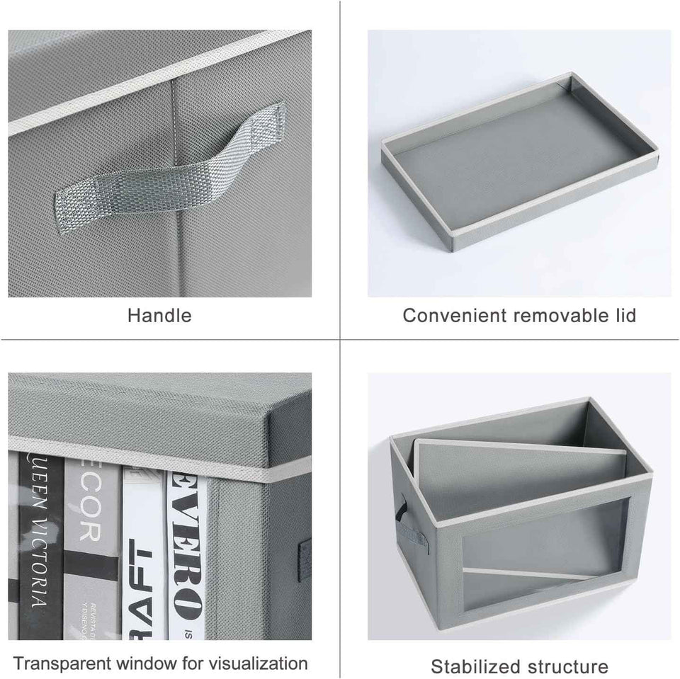 Storage Bins with Lids - Fabric Closet Storage Bins with Window, Collapsible Baskets for Shelves 4 Pack, Home Decorative Boxes for Clothes, Closet, Office, Grey