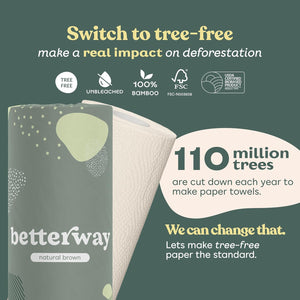 Betterway Bamboo Natural Brown Paper Towels, 8 Rolls, 2-Ply, 110 Sheets Each, Plastic-Free Disposable Kitchen Towels