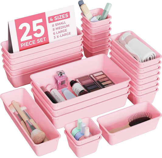 25 PCS Plastic Drawer Organizers Set, 4-Sizes Vanity and Makeup Organizer, Desk and bathroom Drawer Organizer Trays, Organizers and Storage for Makeup, Jewelry, Gadgets, Utensils (Pink)