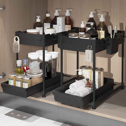 3 Pack Multi-Purpose Under Sink Organizers and Storage, 2026 L-Shaped Pull Out Cabinet Organizer for Bathroom & Kitchen, Under Cabinet Organizer with Hooks Hanging Cup, Black