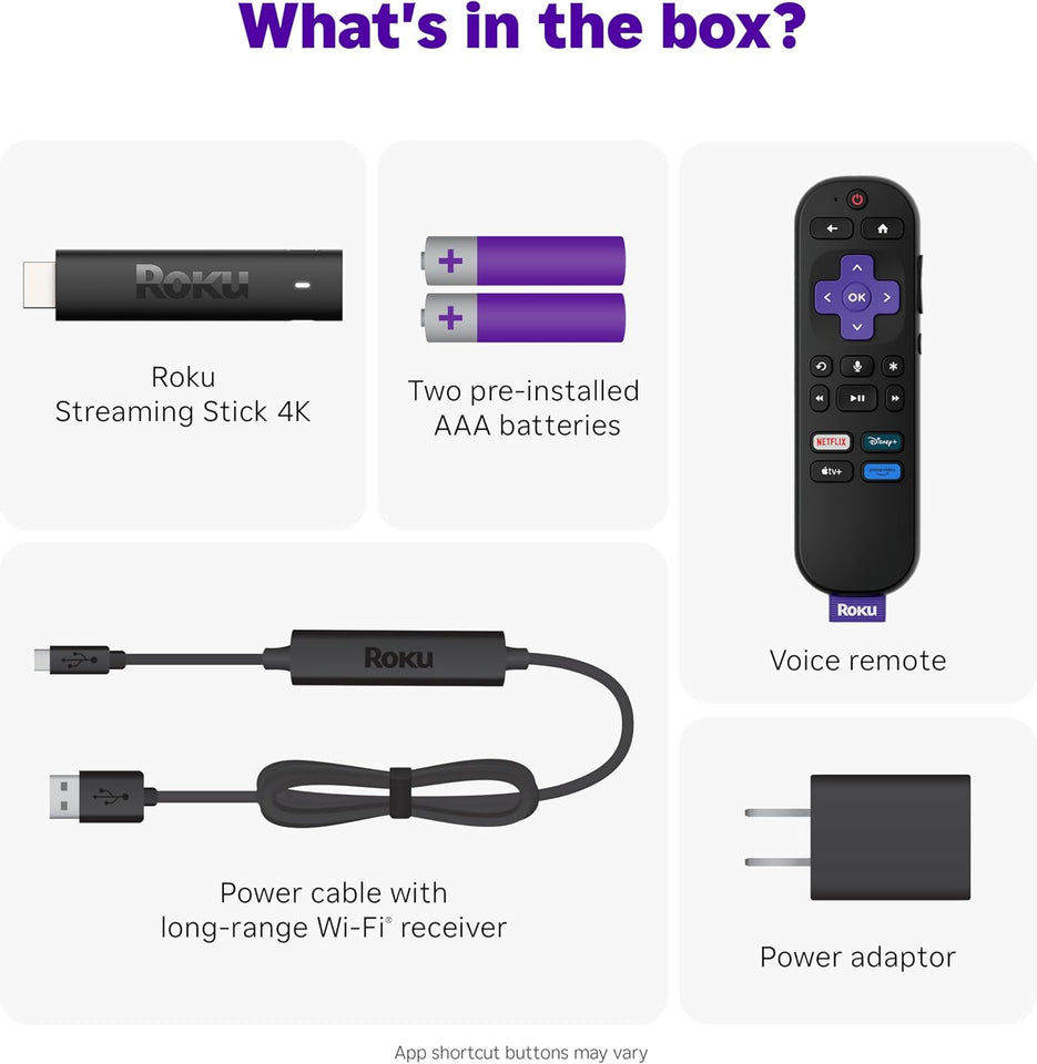 Roku Streaming Stick 4K - 4K TV Streaming Device with Voice Remote and Long-Range Wi-Fi