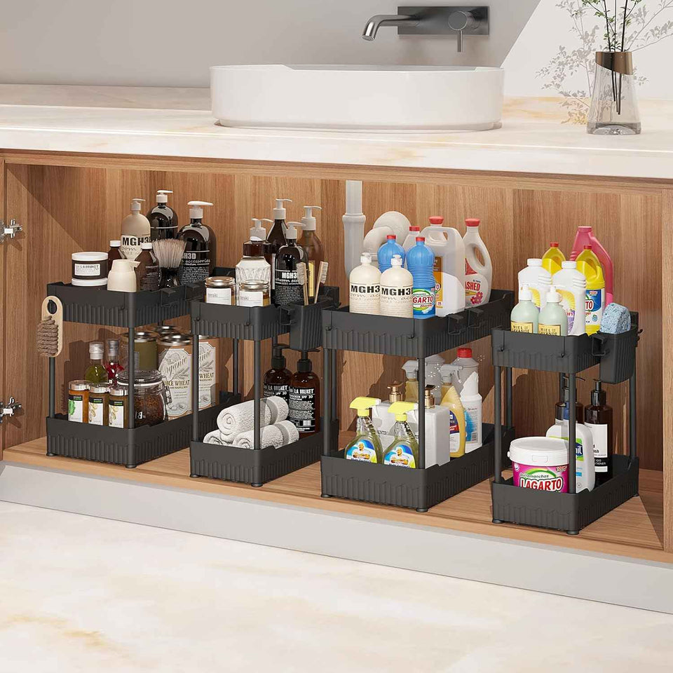3 Pack Multi-Purpose Under Sink Organizers and Storage, 2026 L-Shaped Pull Out Cabinet Organizer for Bathroom & Kitchen, Under Cabinet Organizer with Hooks Hanging Cup, Black