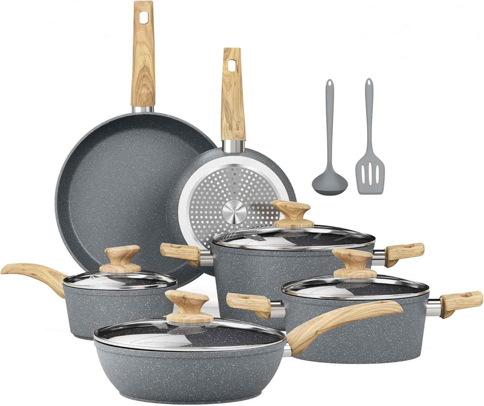 Kitchen Academy Induction Pots and Pans Set Non Stick - 12 Piece Granite Cookware Set, Black Kitchen Nonstick Cooking Pans Set
