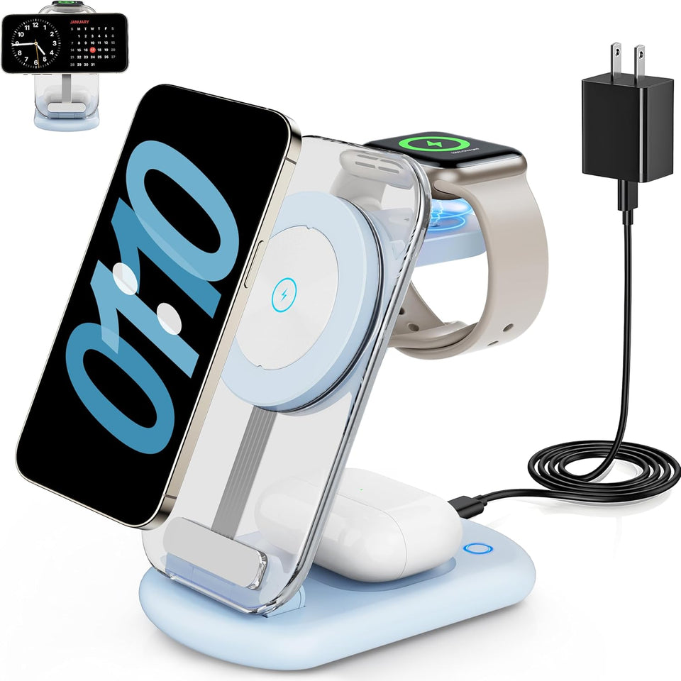 2025 Traveling Wireless Mag-Safe Fast Charging Station,Magnetic 3 in 1 Charger with Light for iPhone 17 16 15 14 13 12 Pro Max Plus,Apple Watch& Air pods 4 3 2 Pro-Gifts for Wife & Husband(White) - Zynora