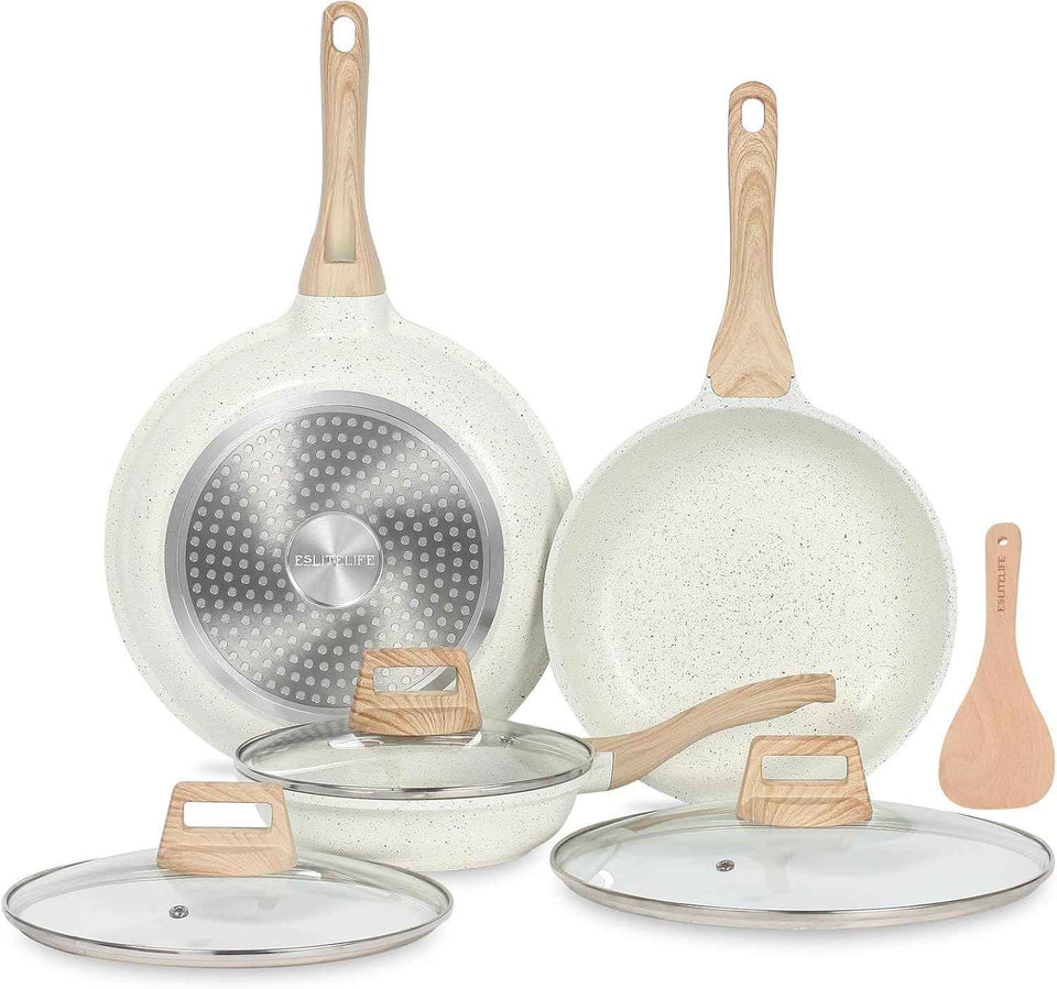 ESLITE LIFE Nonstick Ceramic Frying Pan Skillet, Non-Toxic Egg Omelette Kitchen Cooking Pans Compatible with All Stovetops (Gas, Electric & Induction), PTFE & PFOA Free (White, 8'')