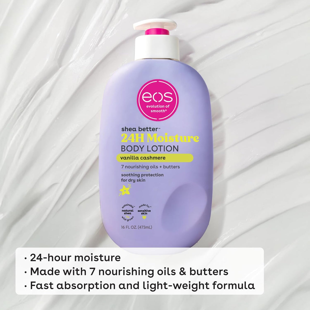 eos Shea Better Body Lotion Vanilla Cashmere, 24-Hour Moisture Skin Care, Lightweight & Non-Greasy, Natural Shea, Vegan, Vanilla Body Lotion, 16 fl oz