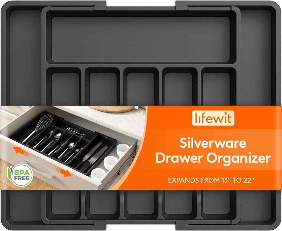 Lifewit Silverware Drawer Organizer, Expandable Utensil Tray for Kitchen, BPA Free Flatware and Cutlery Holder, Adjustable Plastic Storage for Spoons Forks Knives, 8.5-14 x 12", Black