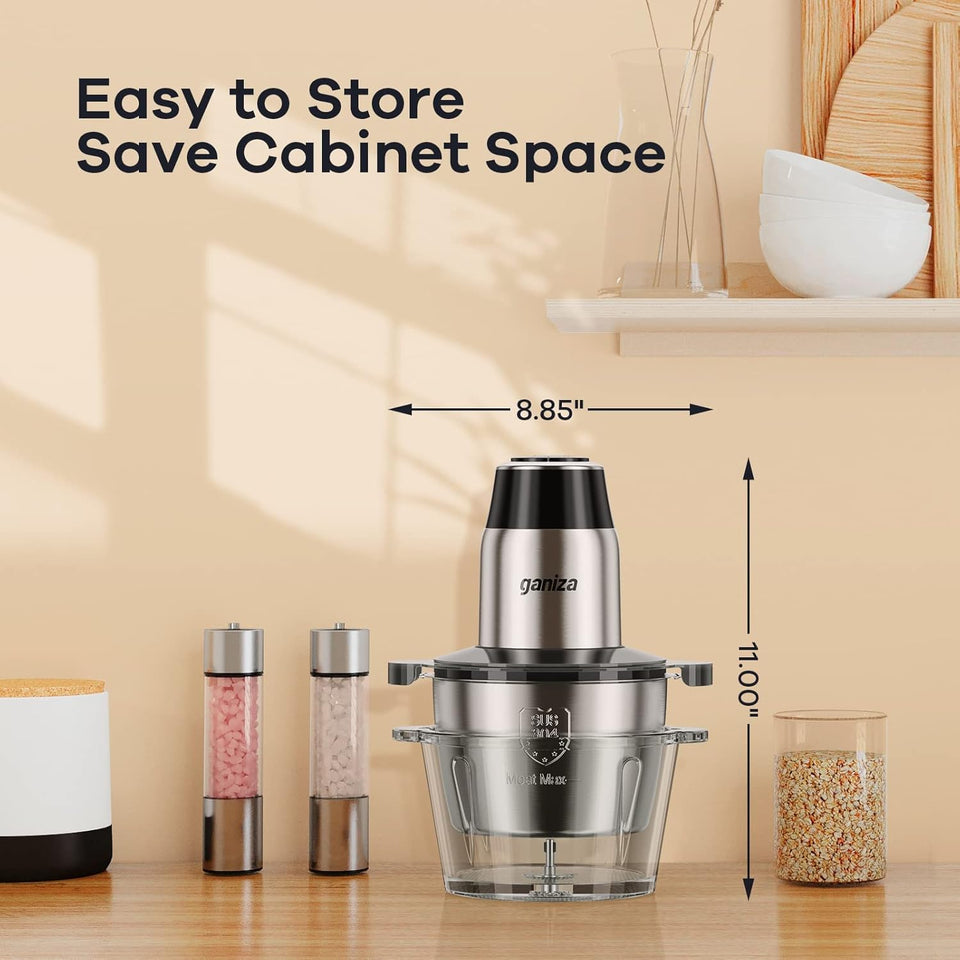 GANIZA Food Processors, Electric Food Chopper with Meat Grinder & Vegetable Chopper - 2 Bowls (8 Cup+8 Cup) with Powerful 450W Copper Motor - Includes 2 Sets of Bi-Level Blades for Fruits/Meat/Nuts