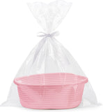 White small woven burr basket with gift bags and ribbons, 12" x 8" x 5", durable storage for gifts, baby toys, and living room essentials