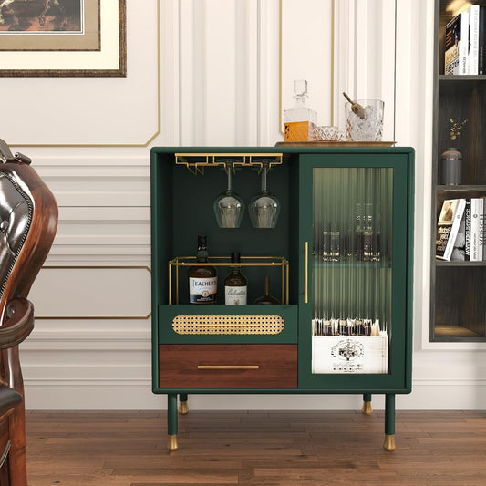 ARTPOWER Modern Coffee Bar Cabinet with Wine Glass Rack and Drawers, Green Liquor Cabinet with Pull-Out Wine Storage for Kitchen, Dining Room, Living Room