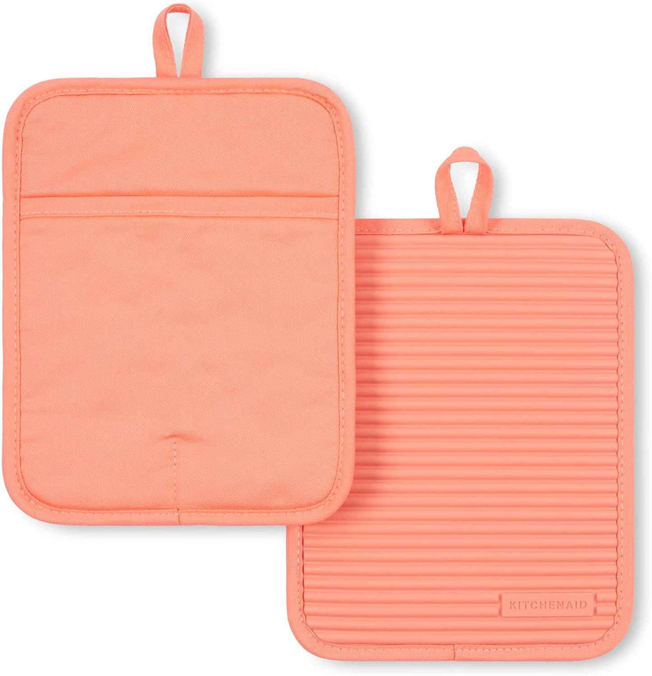 KitchenAid Ribbed Soft Silicone Pot Holder 2-Pack Set, Milkshake Tan, 7"x9"