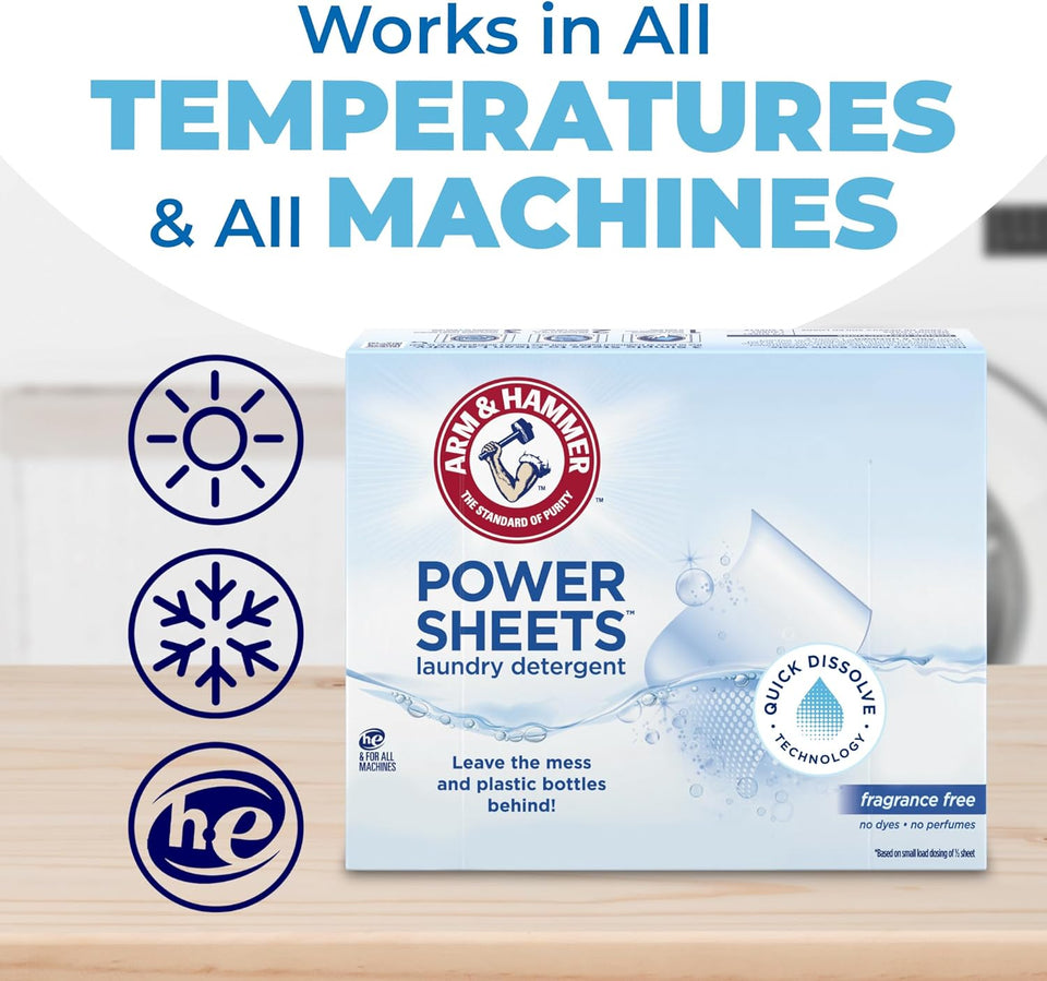 ARM & HAMMER Power Sheets Laundry Detergent, Fragrance Free, Dermatologist Tested Concentrated Laundry Detergent Sheets, 50 Count, up to 100 Small Loads
