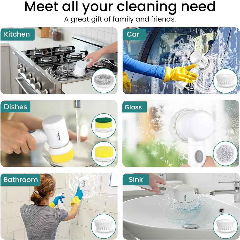 VIMALIFE Electric Spin Scrubber, Cordless Bathroom Cleaning Brush IPX6 Waterproof with 5 Replaceable Heads, Power Scrubber for Bathtub, Tiles, Car Wash, Kitchen & Multi-Surface Home Cleaning