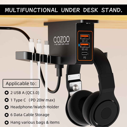 cozoo head phone stand with usb charger under desk headset holder mount 3 usb charging station and iwatch stand