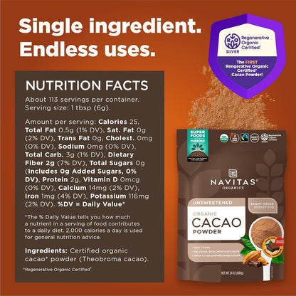 Navitas Organics Cacao Powder - Cocoa Powder Substitute 1:1, For Hot Chocolate, Baking & More - Regenerative Organic Certified, Non GMO, Fairtrade, Gluten Free, Non-alkalized (24oz. Bag, 113 Servings)