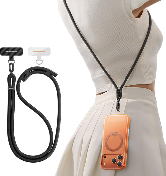 TORRAS Phone Lanyard Crossbody with 2 Phone Tabs, Adjustable Anti Theft Phone Strap for All Phones, Premium Metal Buckles, Skin-Friendly, Universal Cell Phone Neck lanyard for Travel Essentials, Black