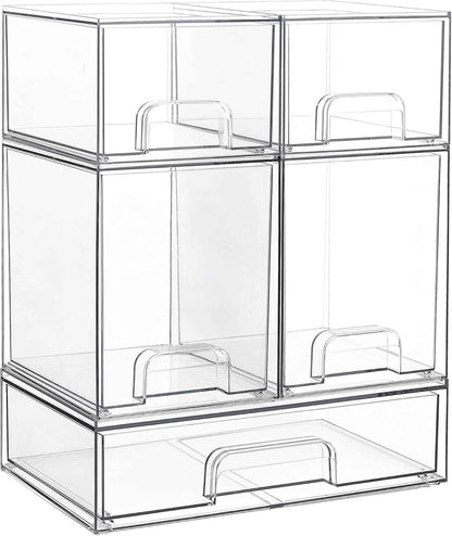 Vtopmart Stackable Storage Drawers Set of 5 - Clear Plastic Organizer Bins for Baby Bottle, Beauty Supplies, Kitchen, Bathroom, Cabinet, Pantry